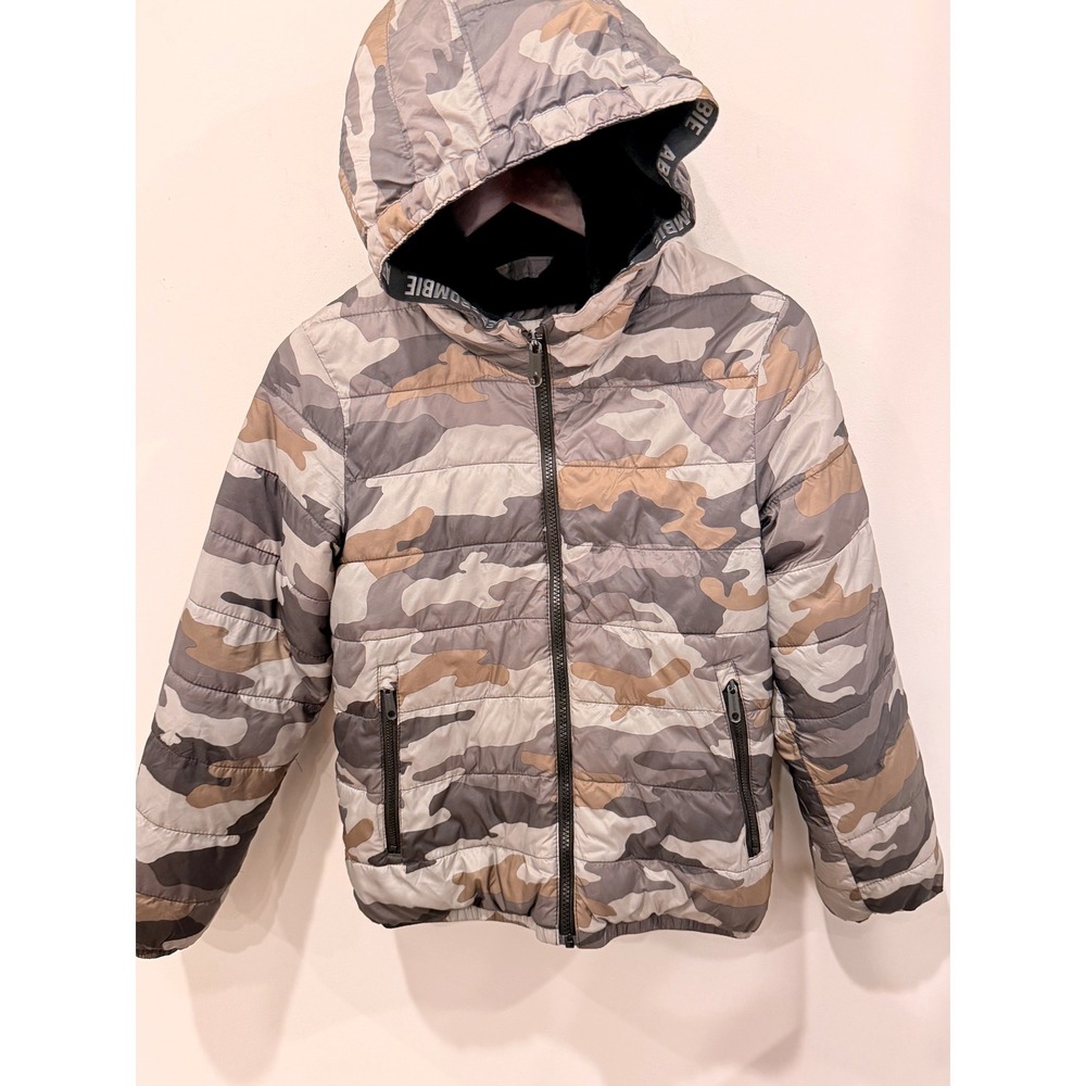 Abercrombie Kids Camo Puffer Jacket Faux Fur Lined Hooded Gray Tan Size 11/12
